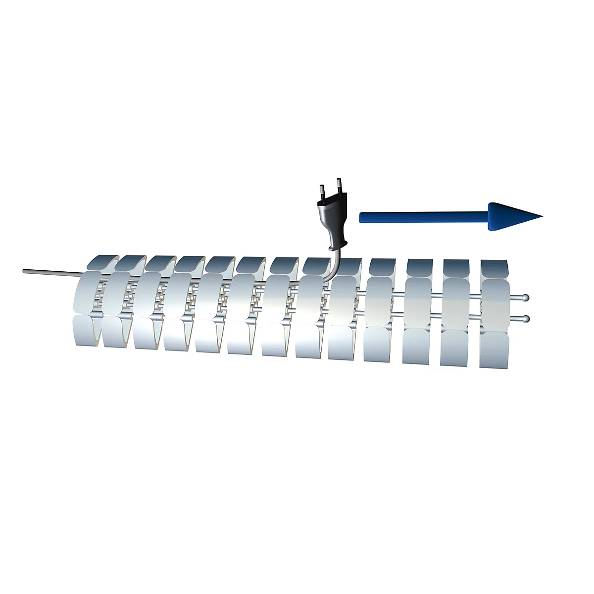 Concept image: An electrical plug is inserted into a row of solar panels with a blue arrow.