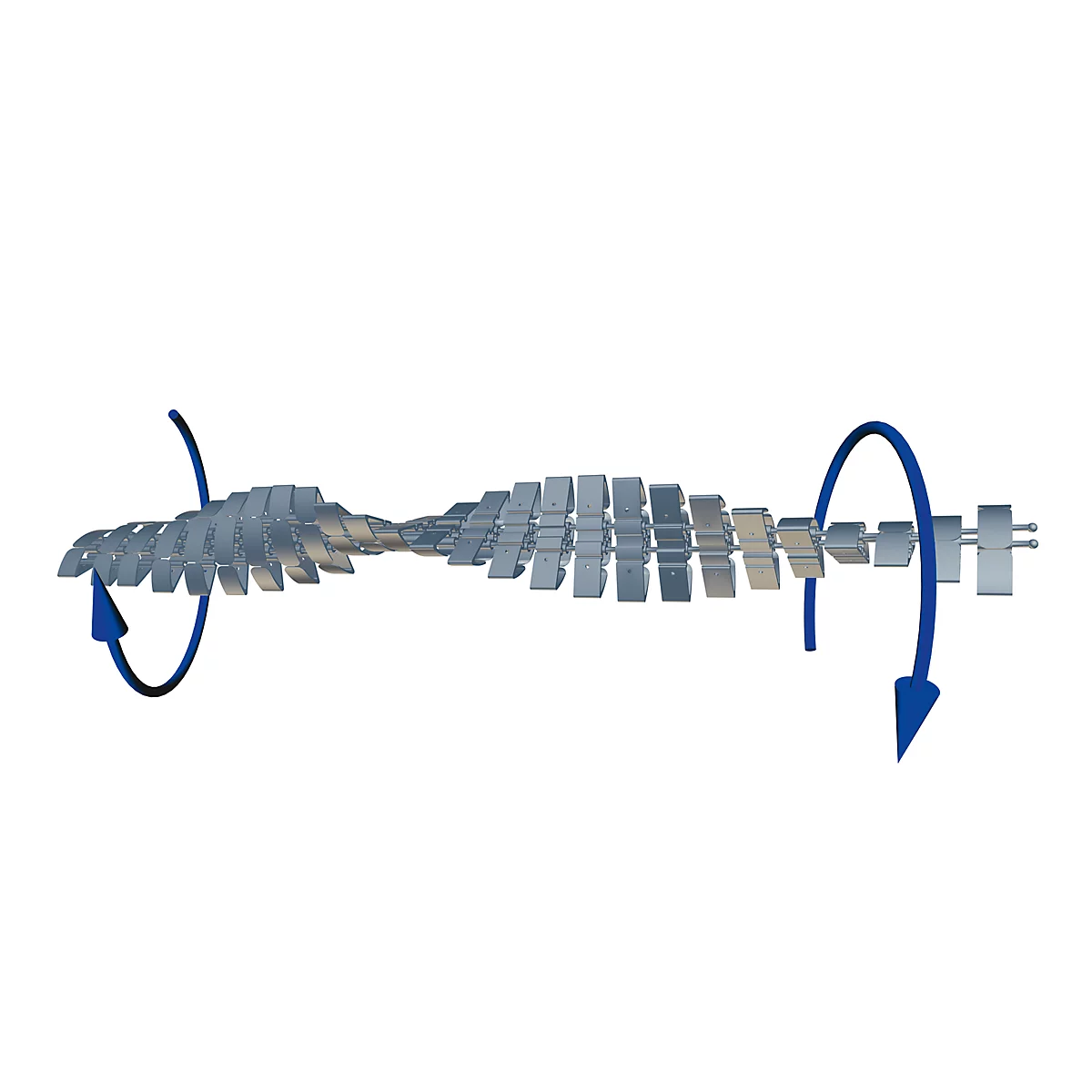 A silver, wave-shaped object with three-dimensional rectangles and arrows illustrating rotation, against a white background.