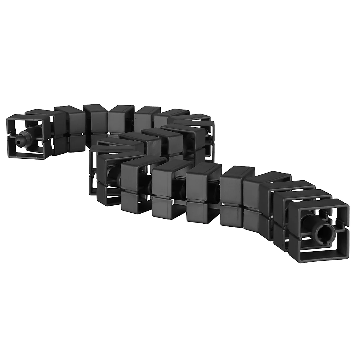 Black, flexible articulated piece in the shape of a snake.