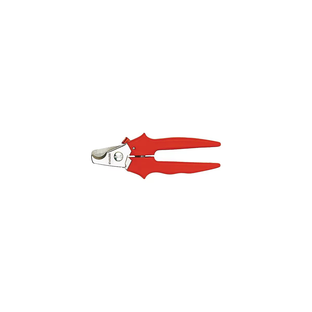 Red nail clippers with metal blade. 'STAINLESS' is written on the blade.