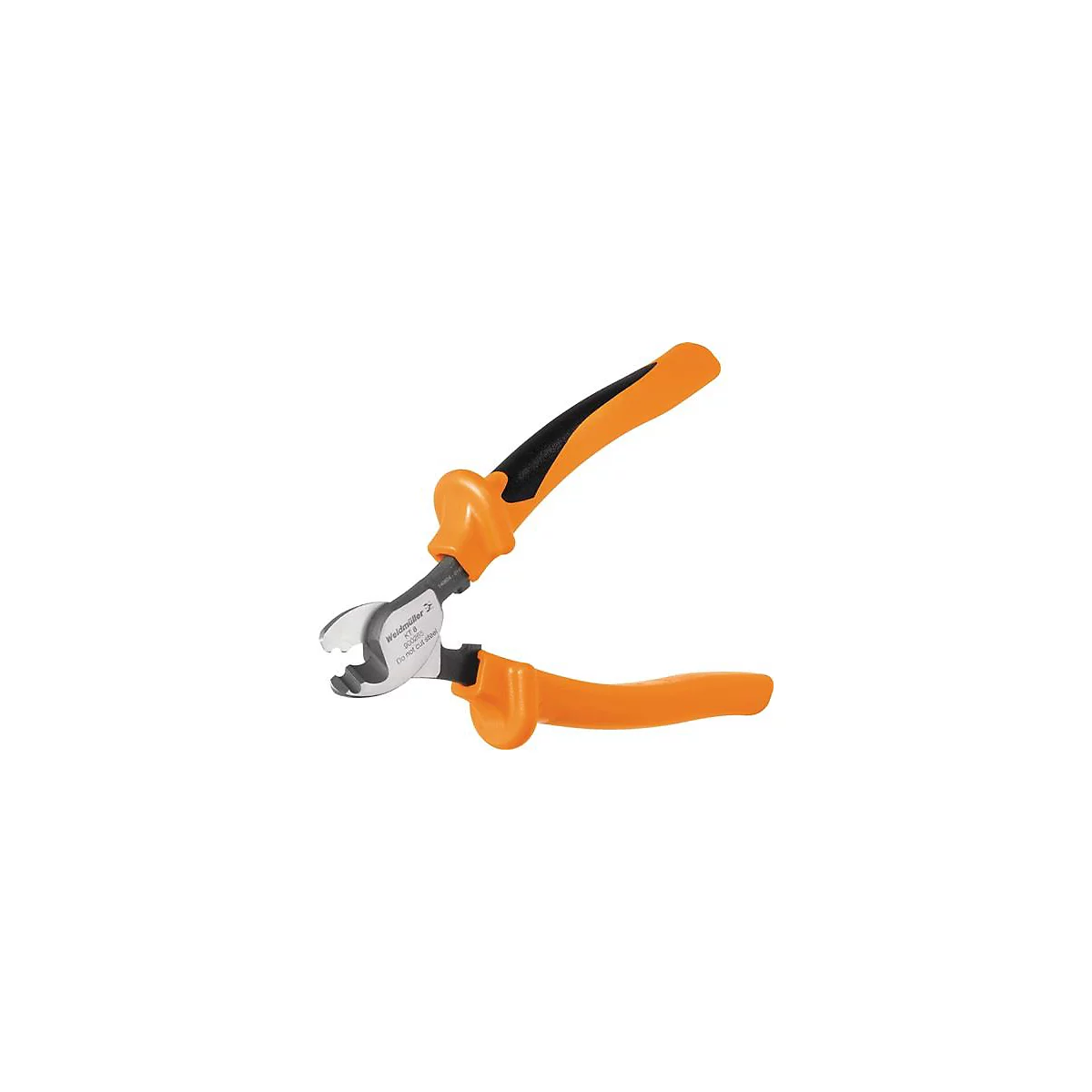 Orange cable cutter with black grip area. The pliers head is made of metal. The head reads 'Weidmüller'.