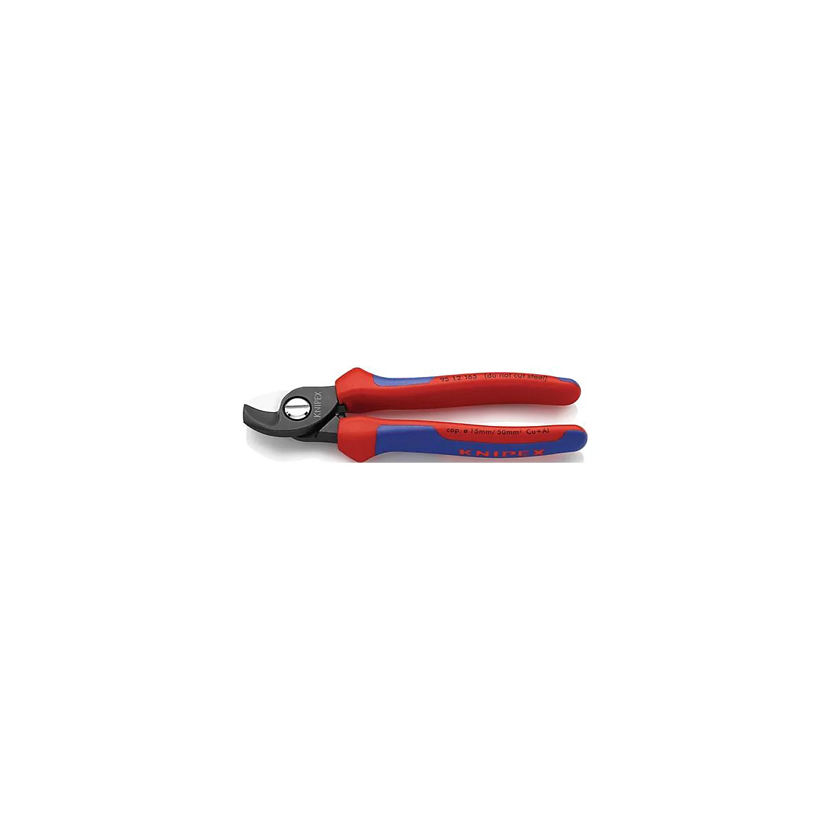 Knipex cable cutter with red and blue handles, with text details. The tool lies diagonally on a light background.