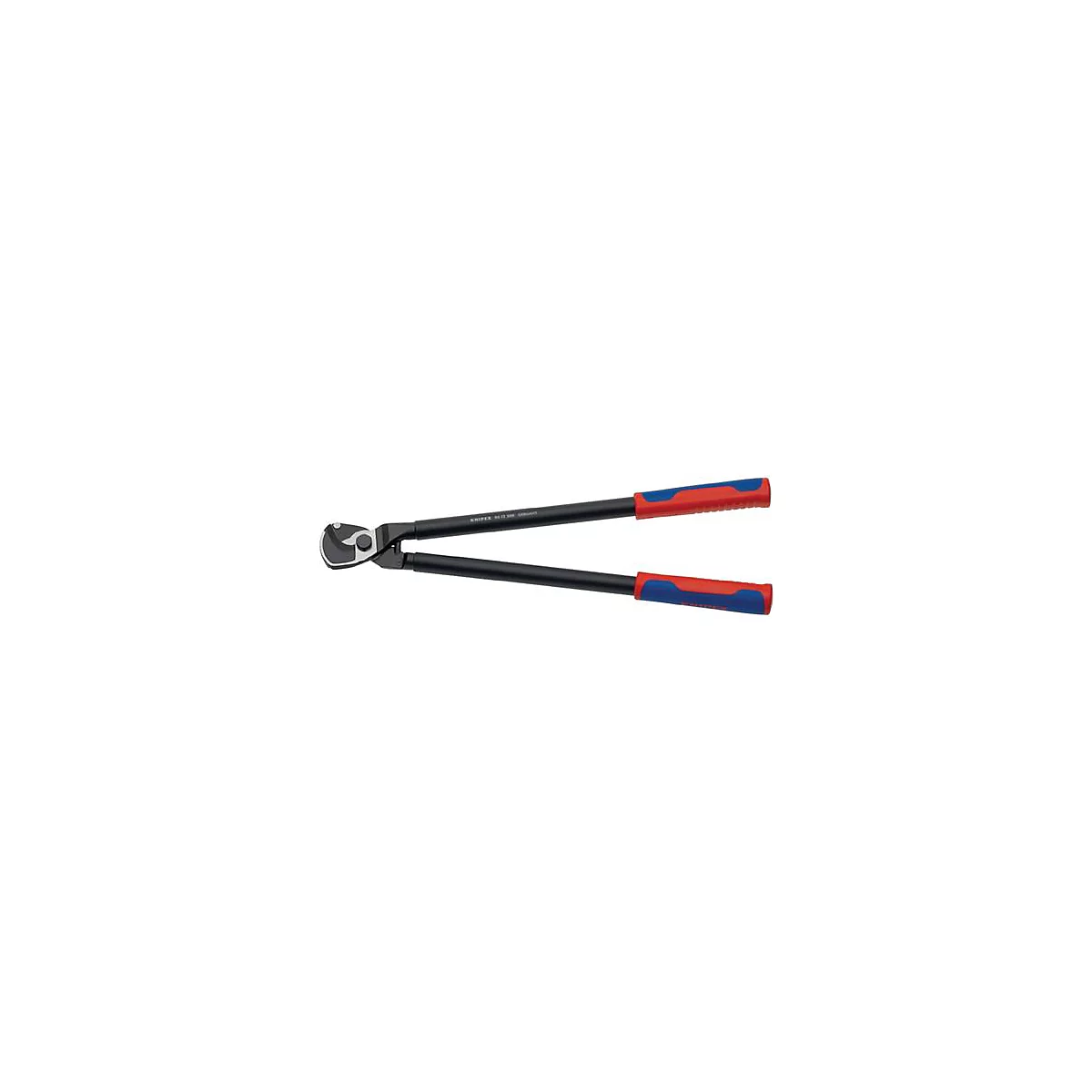 Long, black wire cutter with red and blue handles. Marked: KNIPEX 71 72 200 Germany.