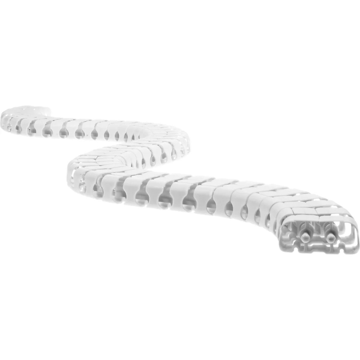 White cable duct system in a wavy arrangement. The individual links and connections are clearly visible.