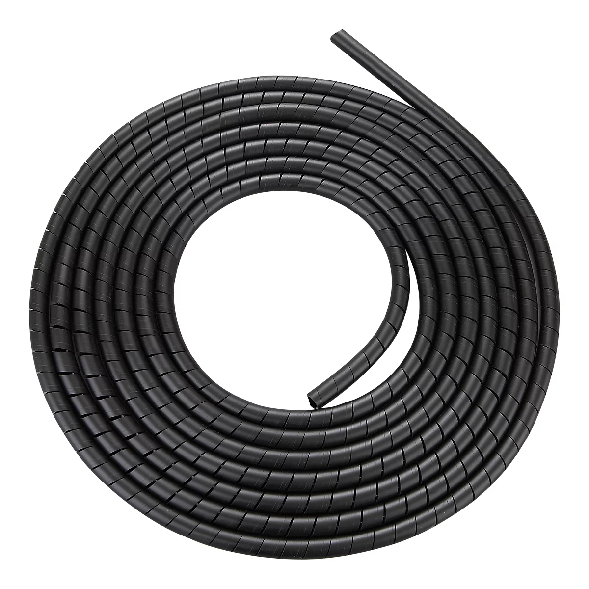 Black spiral hose that bundles and protects cables.