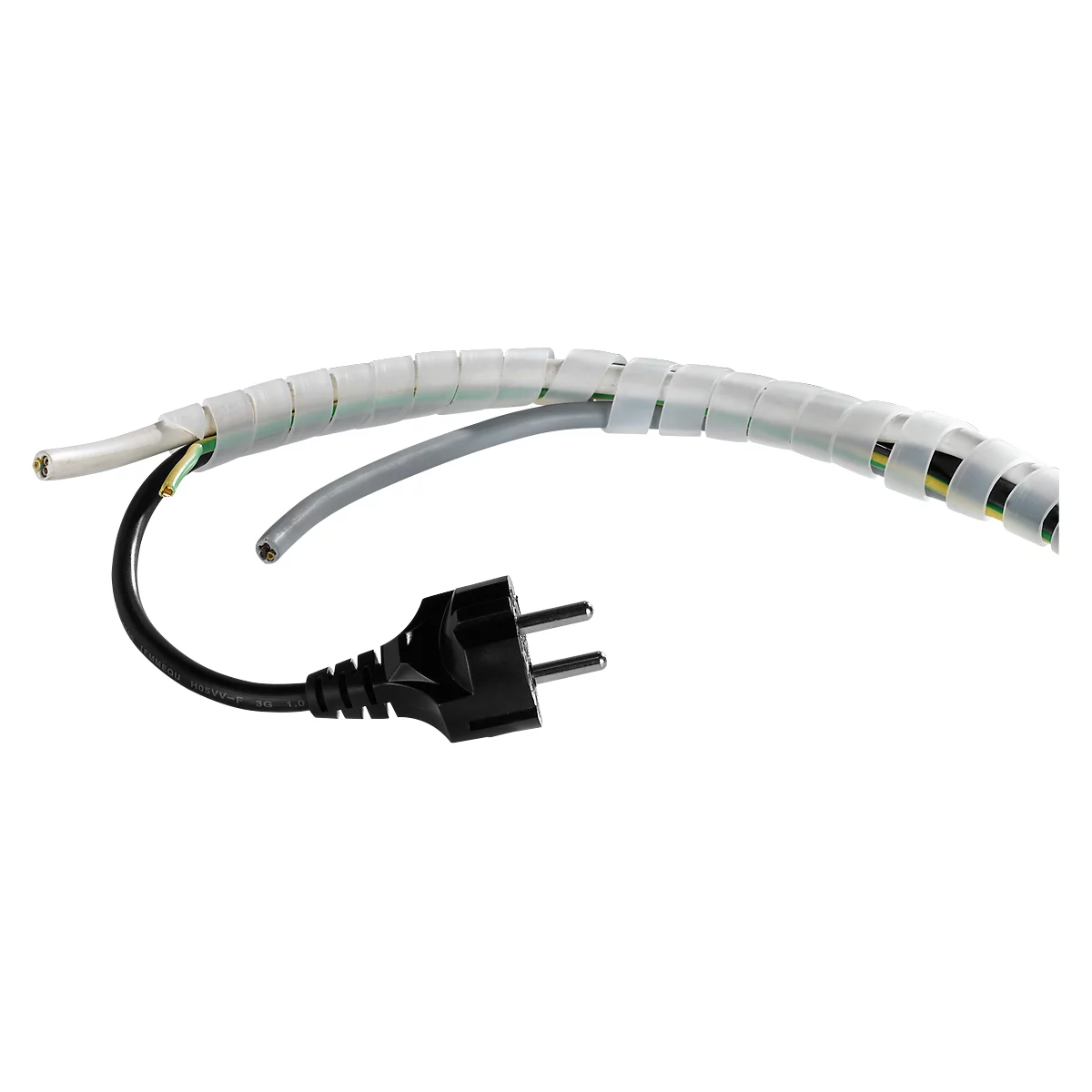 A cable with a plug and a spiral cable duct. The plug is black, the cable gray, the spiral white.