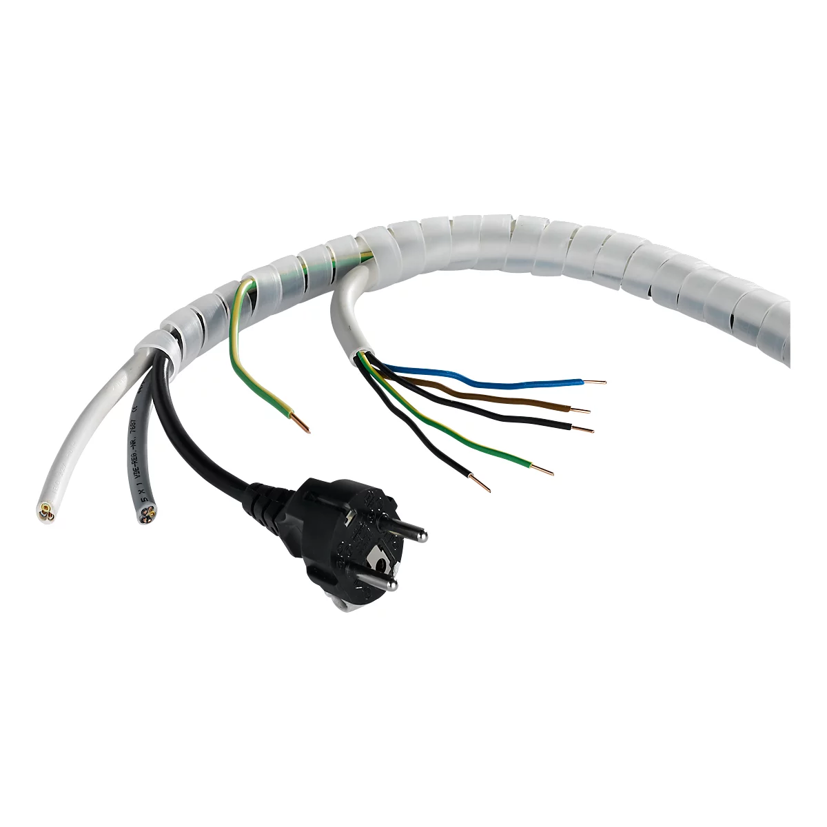 A white cable, spiraling, shows cable ends and a plug.