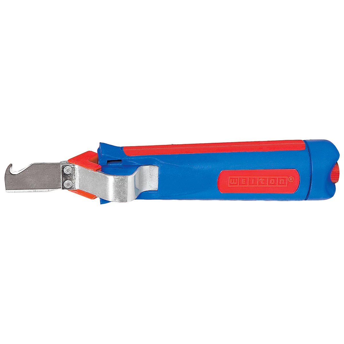 Cable knife with red and blue color, with blade in grey.