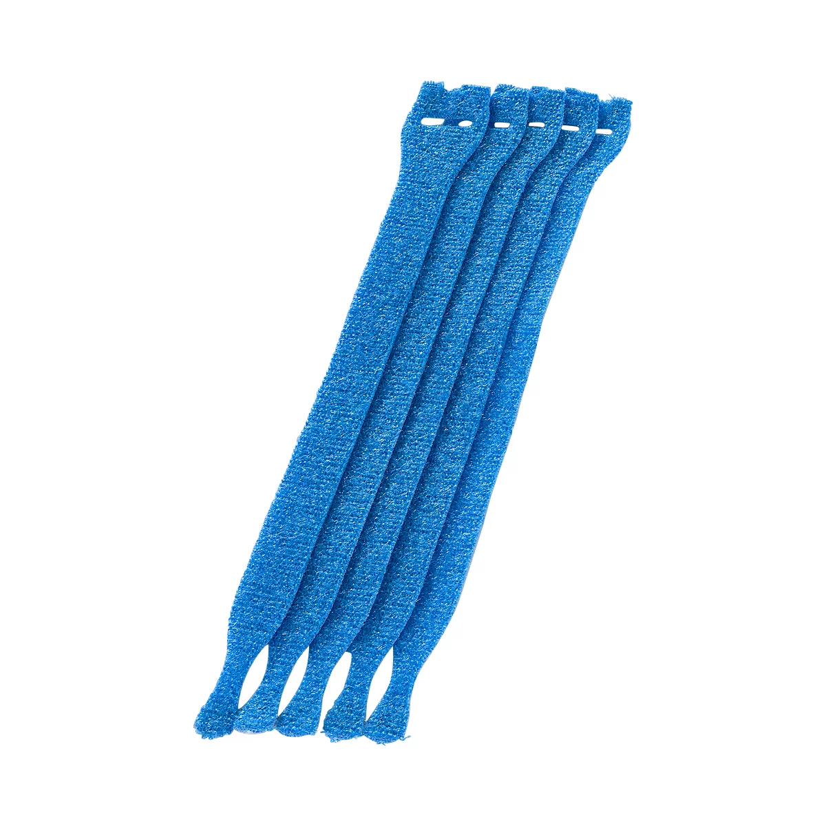 Five blue cable ties lie diagonally from the bottom left to the top right. Each has a rectangular head with holes.