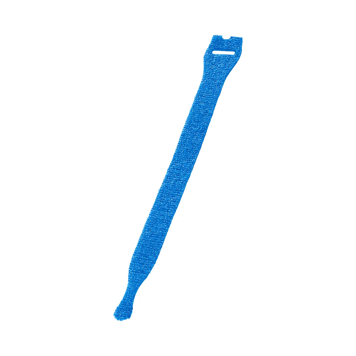 Blue cable tie, diagonally from bottom left to top right. Hole at the top, tapering at the bottom.