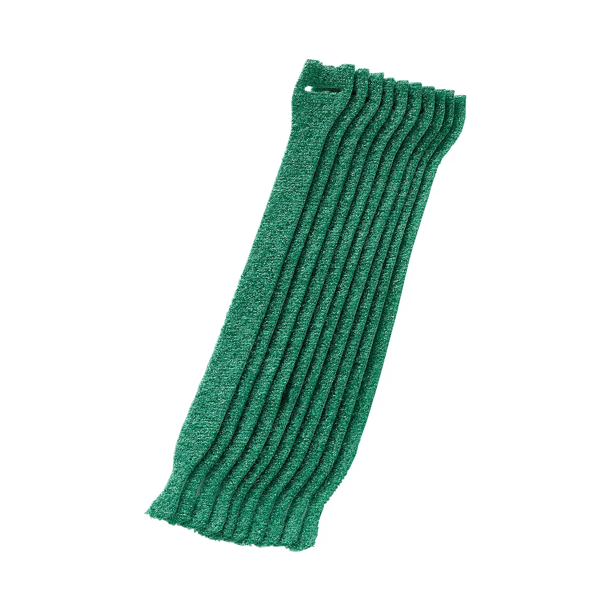 A green, ribbed textile, likely an armband or similar garment. It has a rounded shape with a hole at one end.