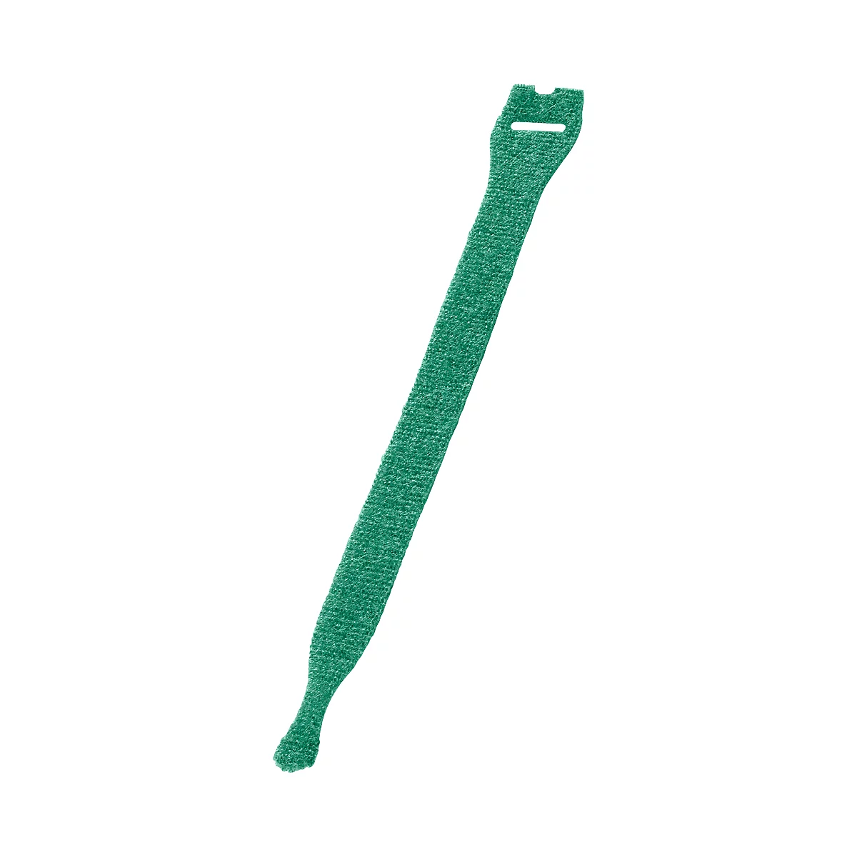 Green cable tie. Loop end with hole, narrow band, rounded end.