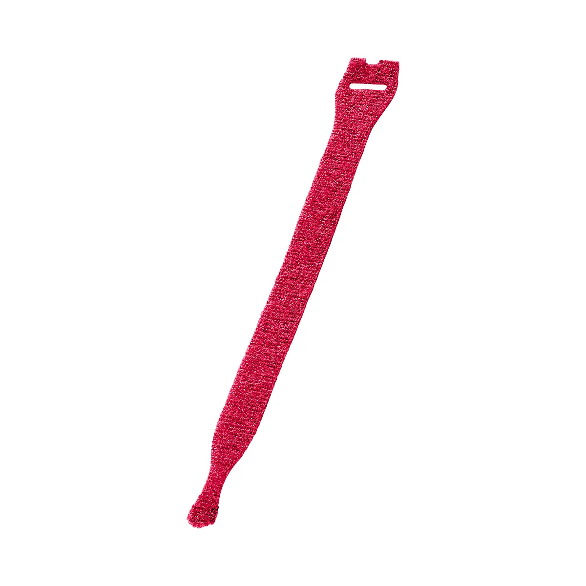 Red, elongated cable tie with loop and hole for attachment.
