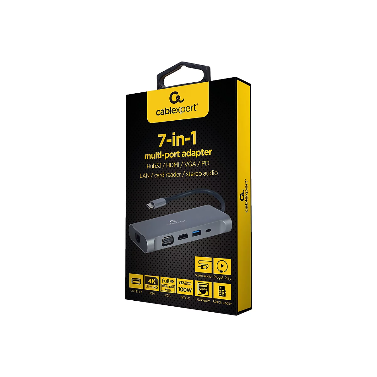 Graue Mehrfachadapter-Box mit Produktabbildung und Aufschrift 7-in-1 Multi-Port Adapter.