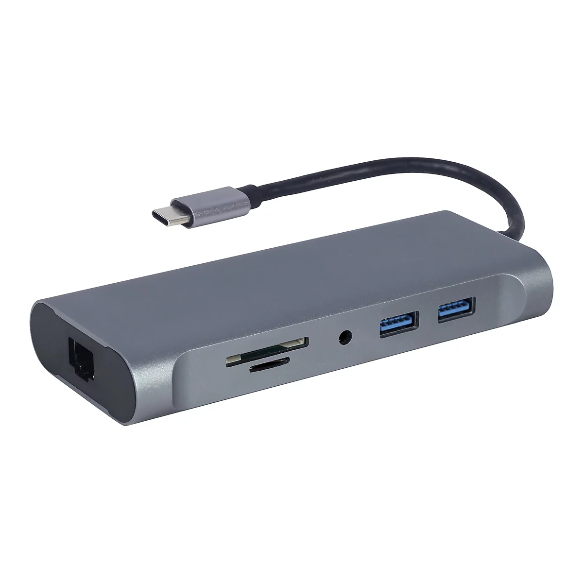 Grauer USB-C-Hub mit verschiedenen AnschlÃ¼ssen: USB, SD-Kartenleser, Ethernet und Audioausgang.