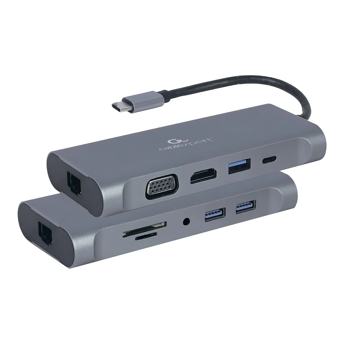 Grauer USB-C-Hub, der auf einer anderen liegt, mit verschiedenen AnschlÃ¼ssen. Ein Kabel mit Stecker ragt heraus.