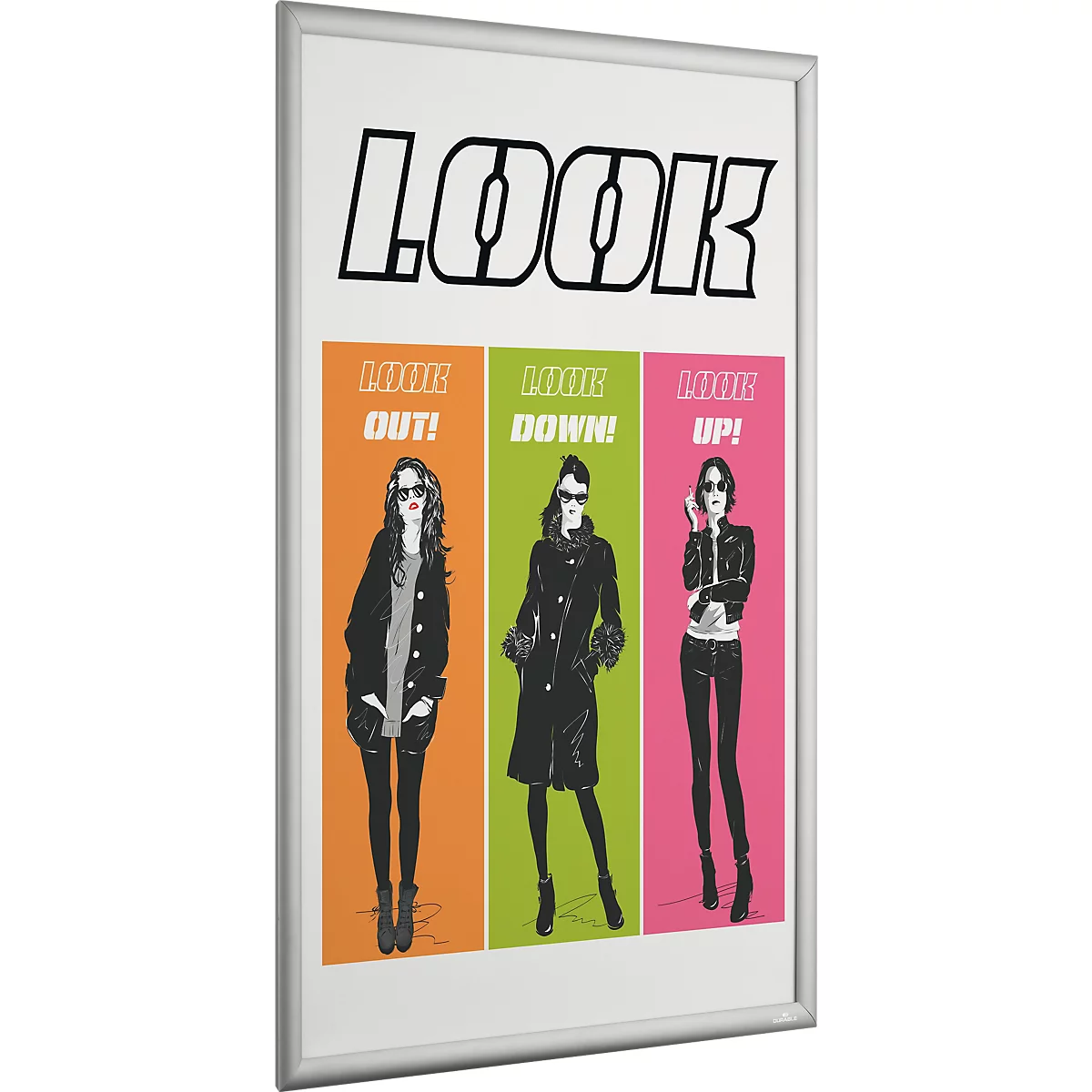 Affiche publicitaire dans un cadre argenté montrant trois femmes stylisées dans des bandes colorées avec le texte LOOK.