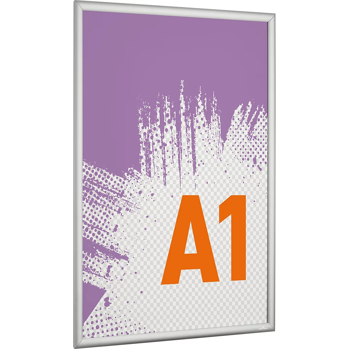 Un cadre clippant argenté au format A1 avec un fond abstrait violet et blanc et un grand texte orange A1.