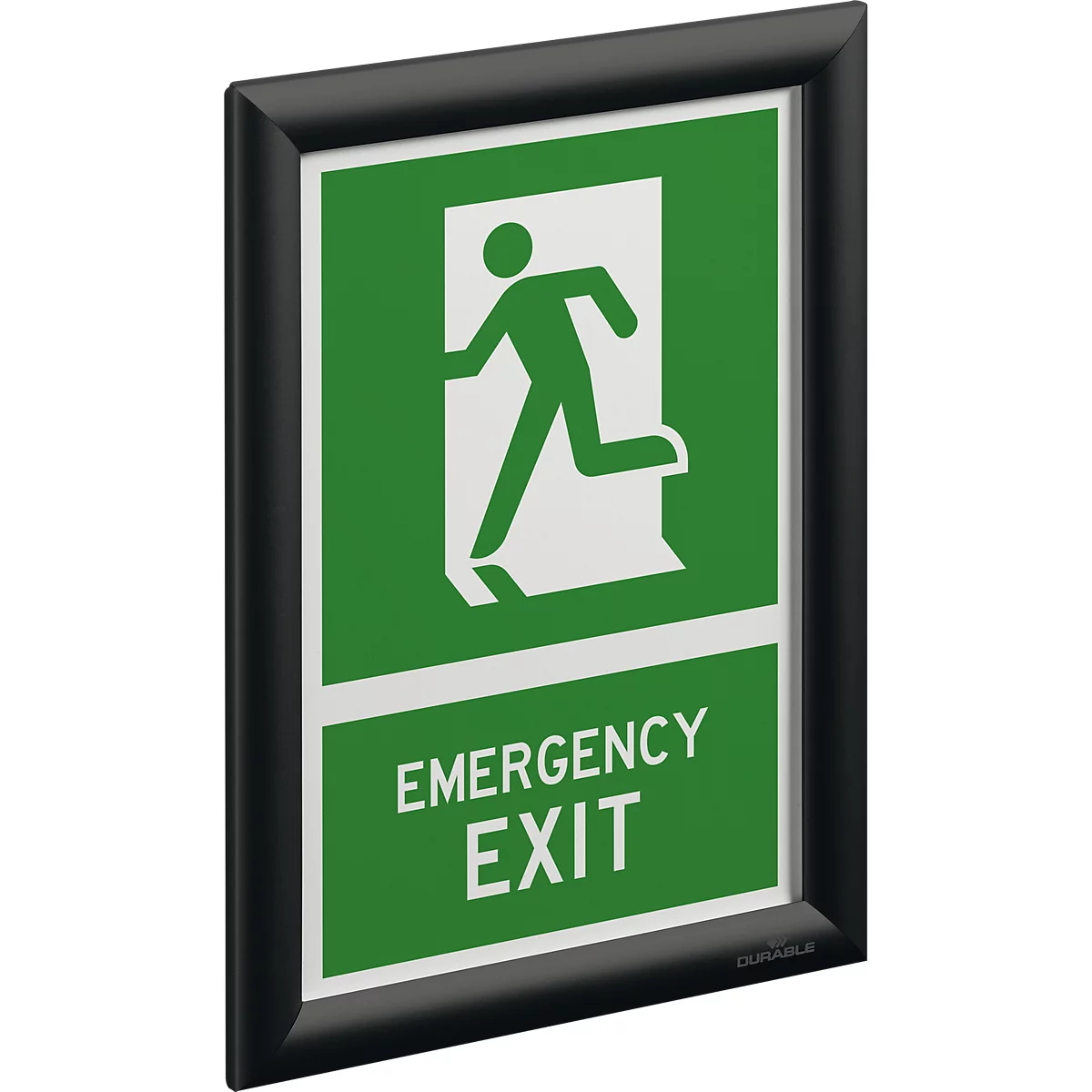 Panneau de sortie de secours rectangulaire avec pictogramme blanc sur fond vert et inscription anglaise dans un cadre noir.