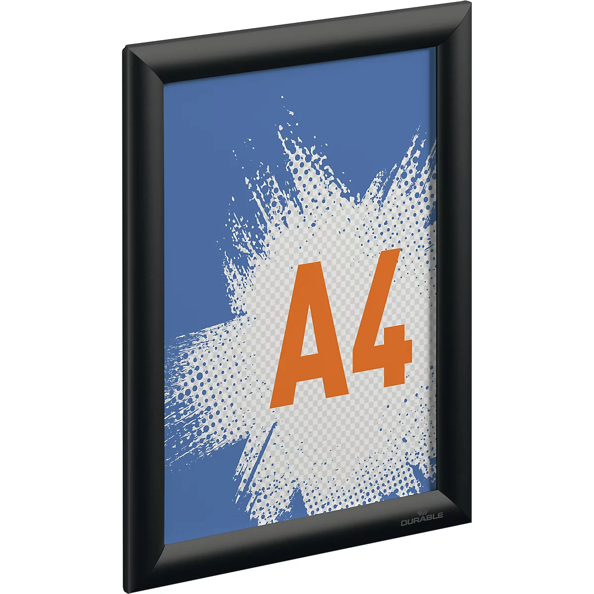 Cadre clic noir au format DIN A4, avec fond bleu et inscription orange A4.