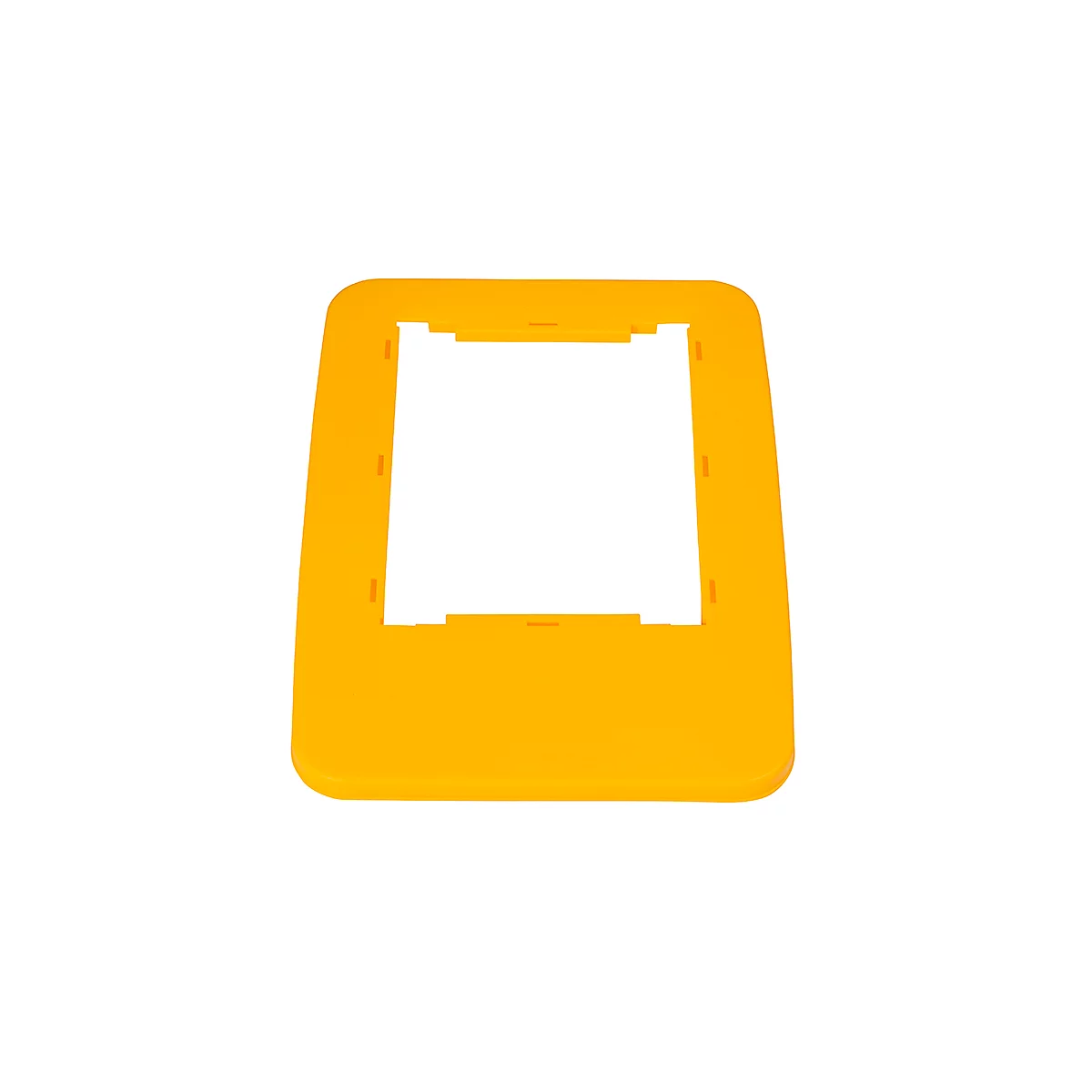 Pièce en plastique jaune avec une ouverture carrée, des coins arrondis et des évidements.