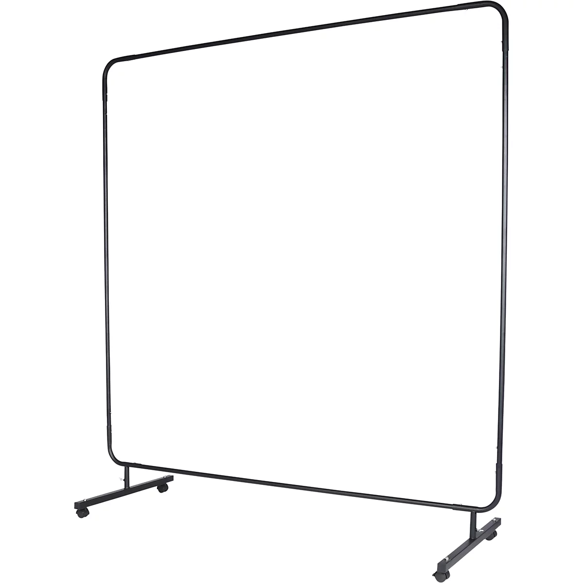 Un support de fond de studio photo noir et rectangulaire, sur roulettes, sur fond blanc.