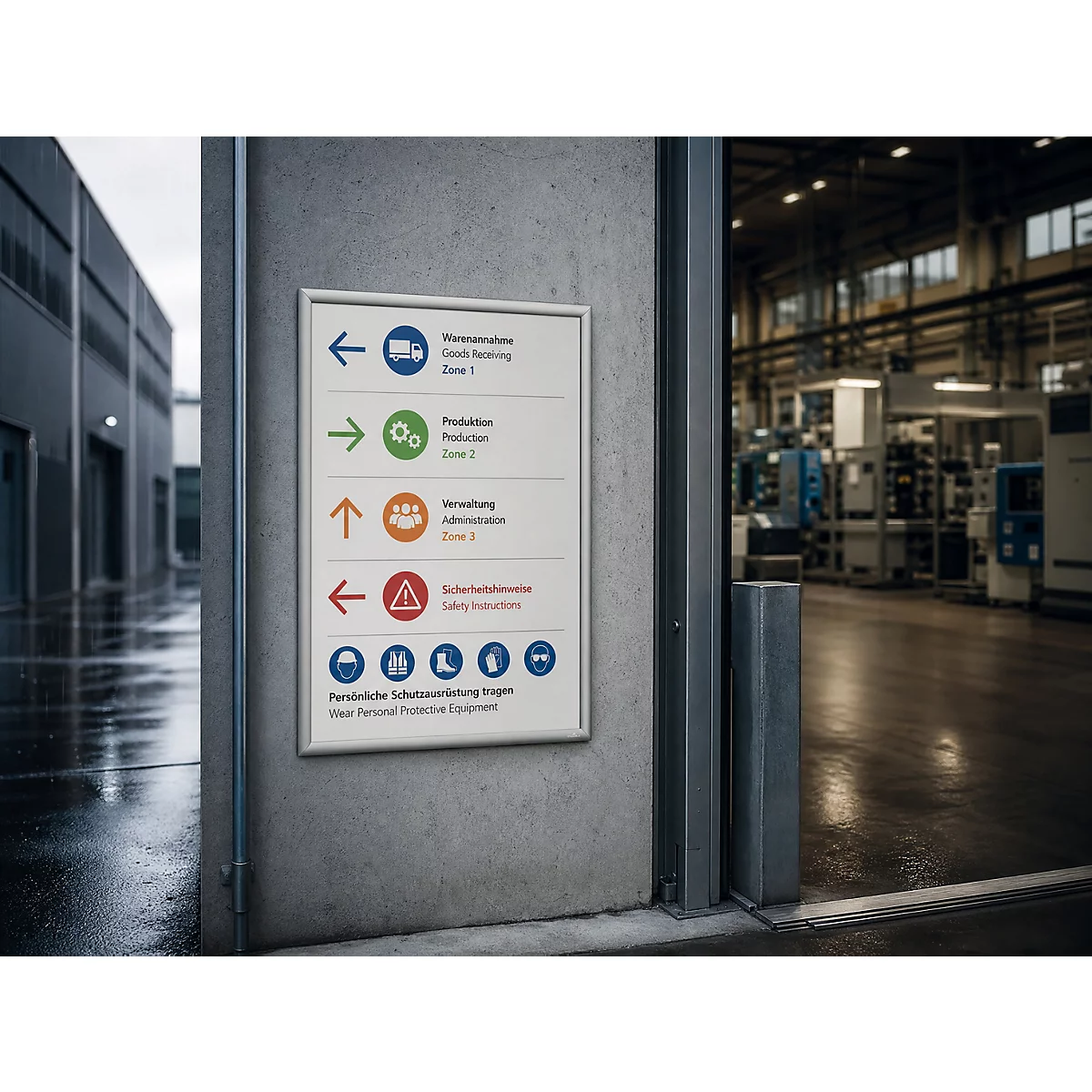Panneau de signalisation sur un mur en béton dans un hall industriel avec des indications pour la réception des marchandises, la production, l'administration et la sécurité.