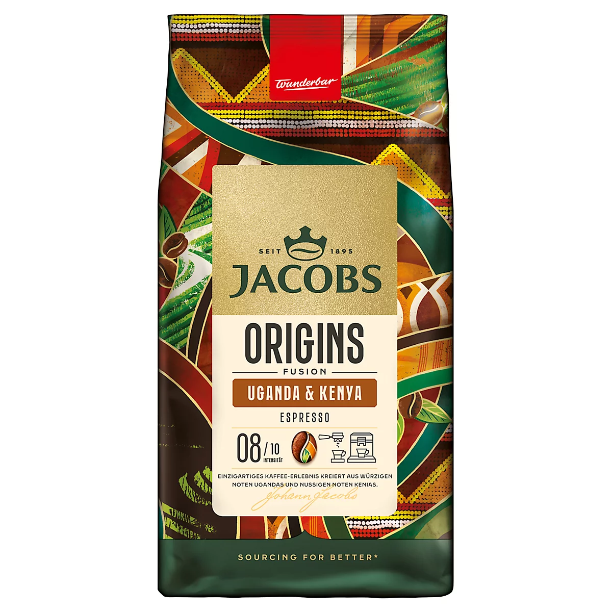 Paquet de café Jacobs Origins Uganda & Kenya Espresso, motifs et textures.