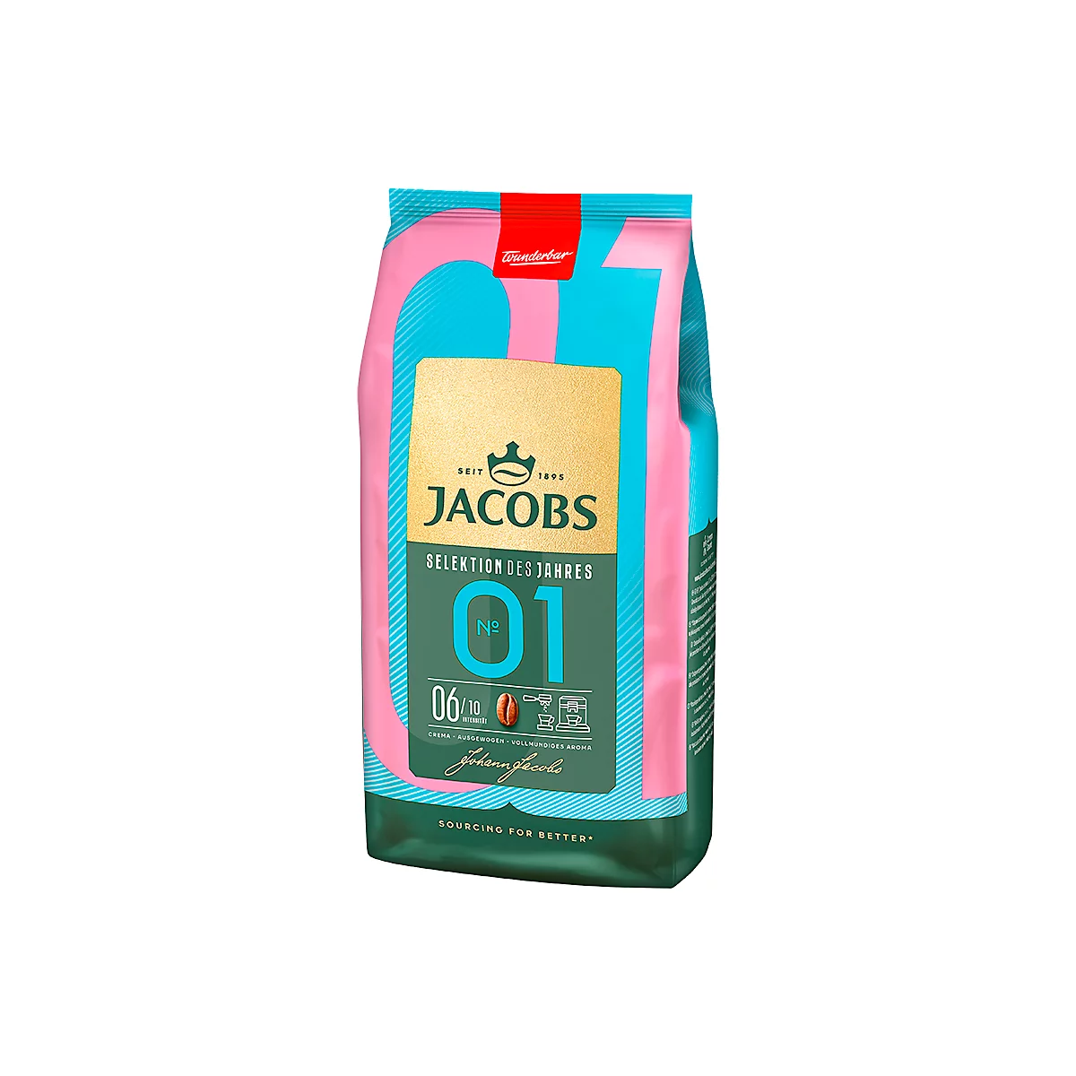Paquet de café avec des détails turquoise et roses et du texte. Contient des logos et des informations sur la quantité de produit.