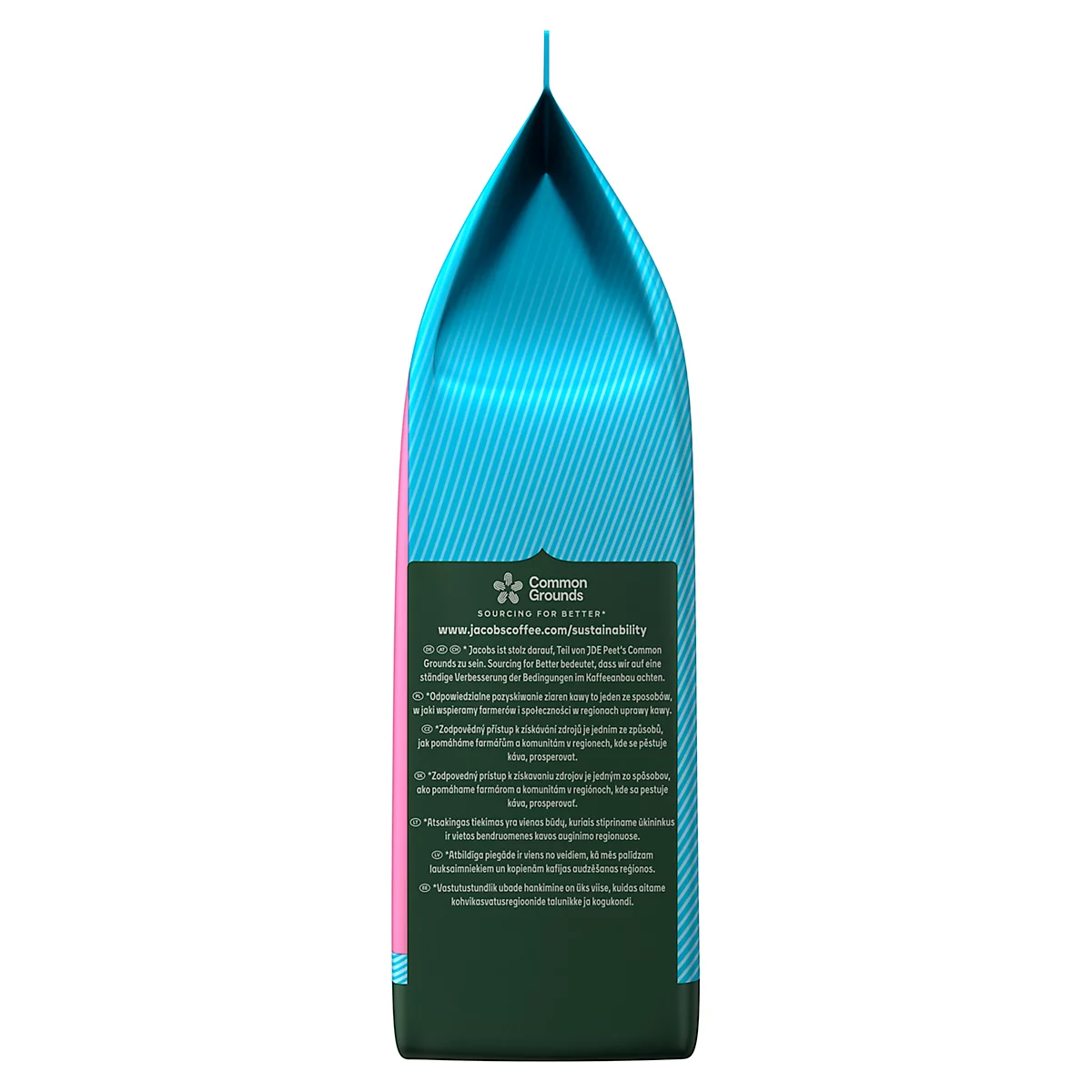 Dos d'un paquet de café. Fond turquoise rayé, étiquette verte avec texte. Bandes latérales roses.