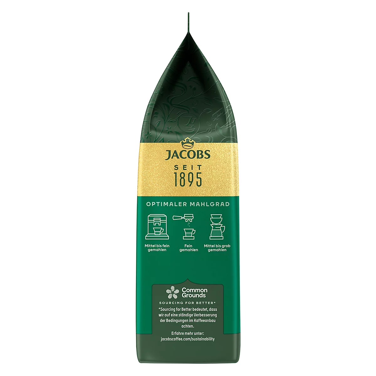 Dos d'un paquet de café Jacobs en vert et or, avec du texte comme 'Degré de mouture optimal' et divers symboles de degré de mouture.