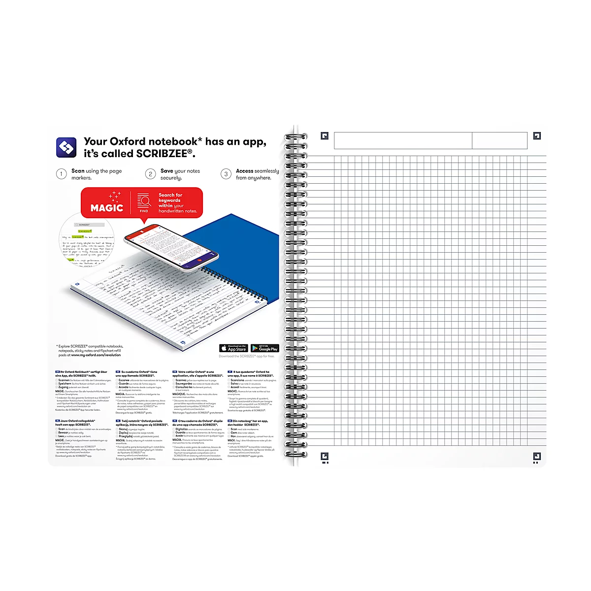 Cahier à spirales Oxford Office Essentials, format B5 à couverture souple, 90 g/m², 90 feuilles, SCRIBZEE®, quadrillé, 5 pièces
