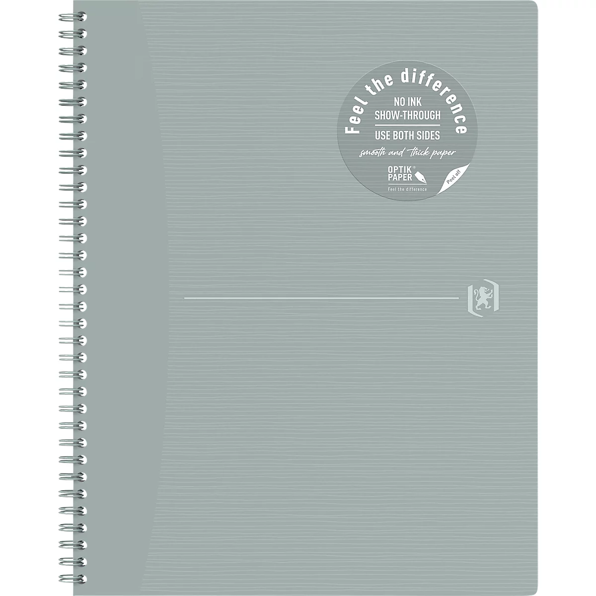 Cahier à spirales Oxford Origins, 70 feuilles, Optik Paper®, DIN A4+, quadrillé, double spirale, 90 g/m², gris clair