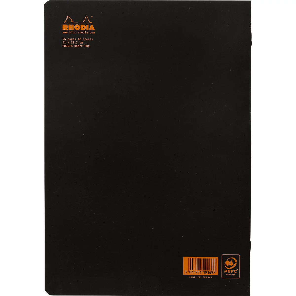Cahier de notes Rhodia, 48 feuilles, DIN A4, 80g/m², certifié PEFC®, couverture souple, ligné, noir