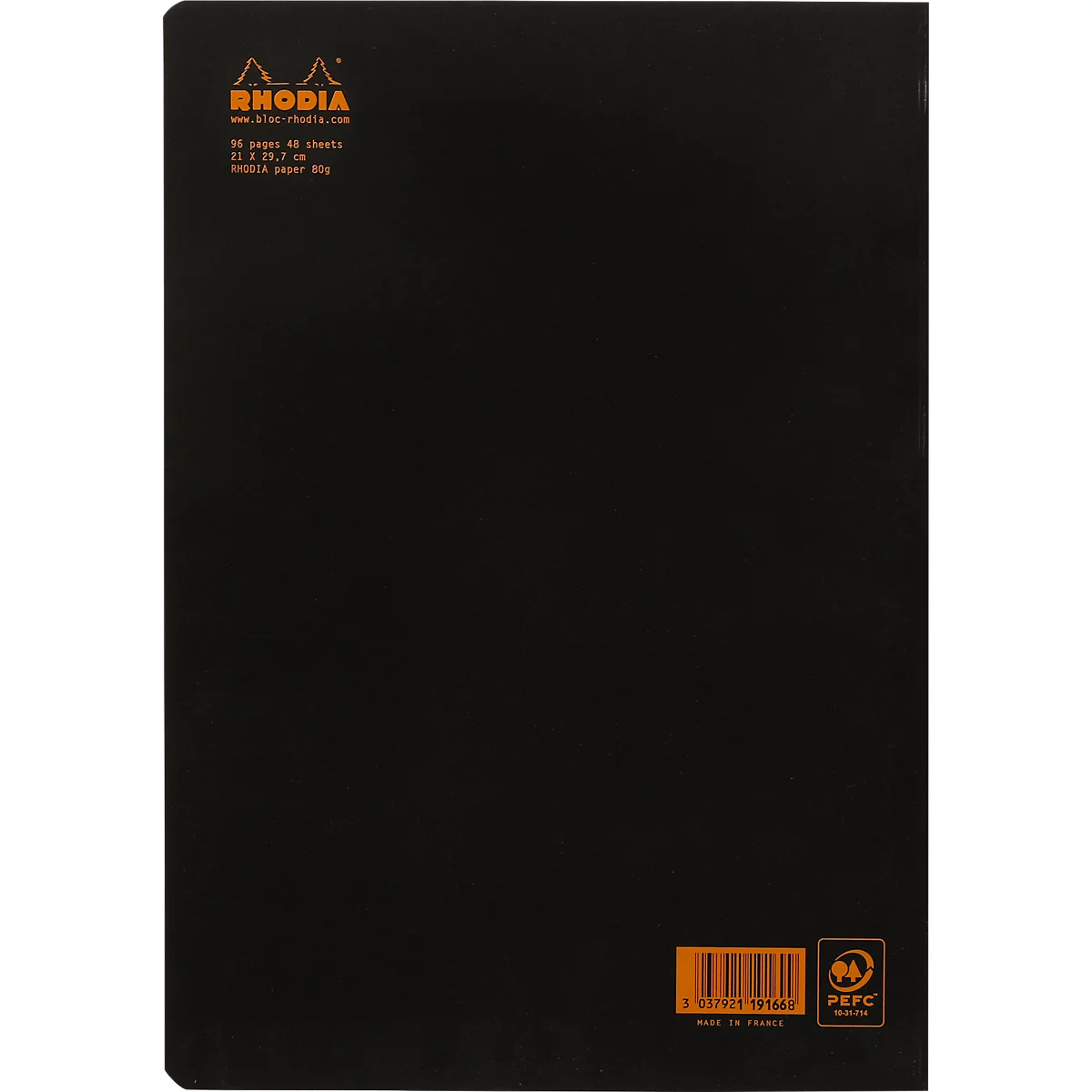 Cahier de notes Rhodia, 48 feuilles, DIN A4, 80g/m², certifié PEFC®, couverture souple, pointillé, noir