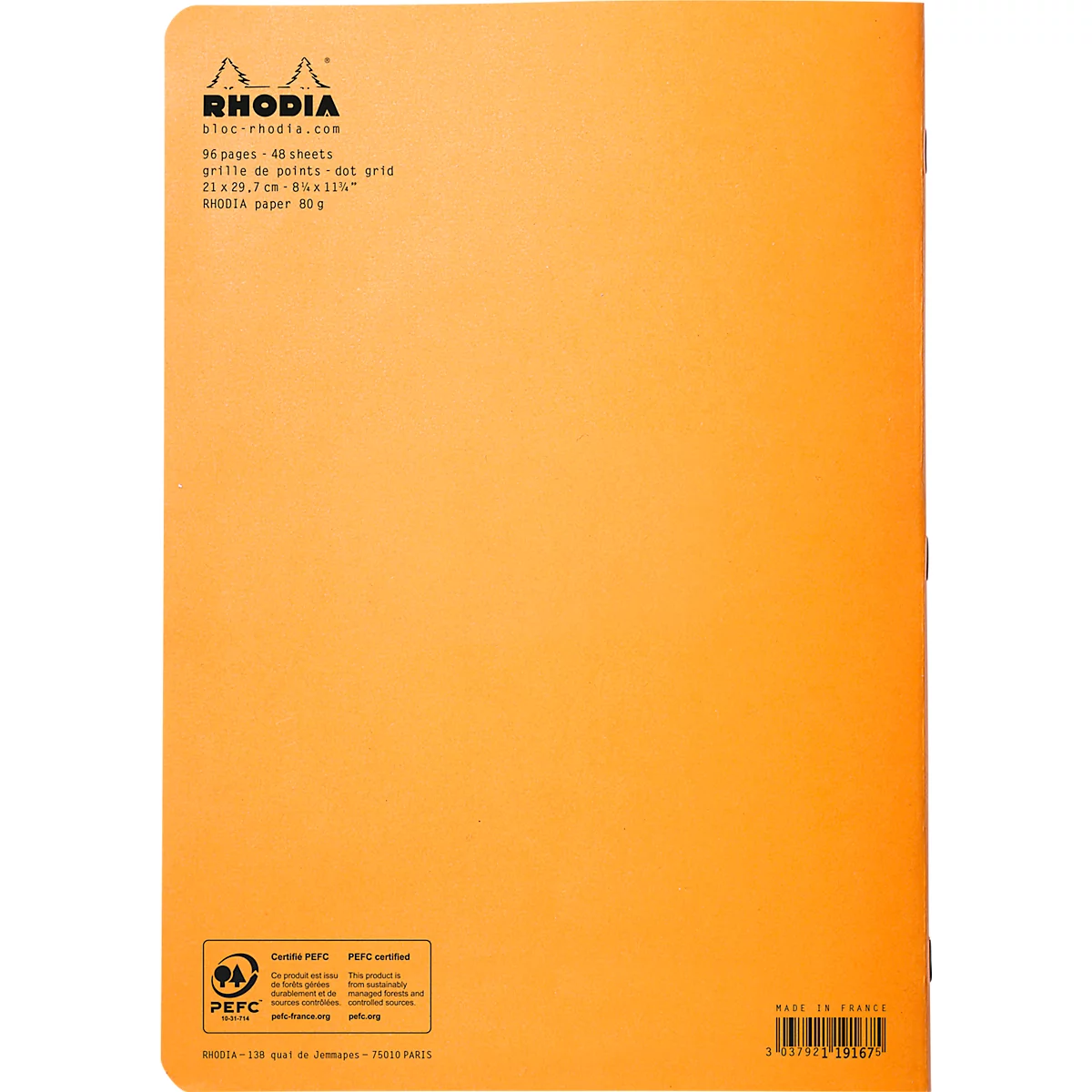 Cahier de notes Rhodia, 48 feuilles, DIN A4, 80g/m², certifié PEFC®, couverture souple, pointillé, orange