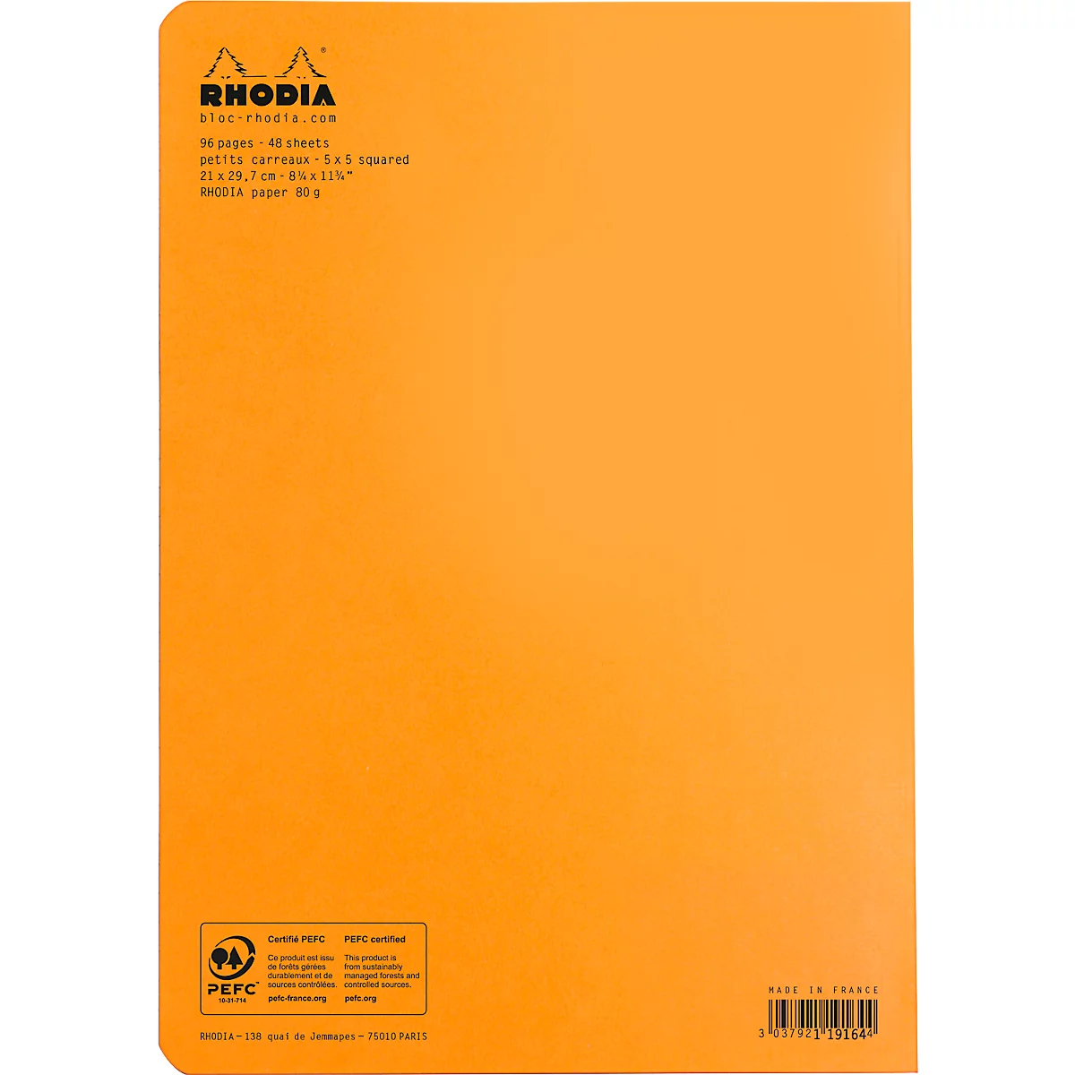 Cahier de notes Rhodia, 48 feuilles, DIN A4, 80g/m², certifié PEFC®, couverture souple, quadrillé, orange