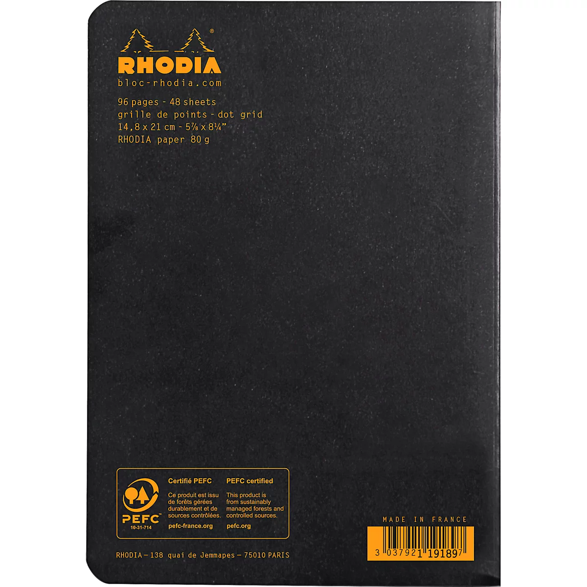 Cahier de notes Rhodia, 48 feuilles, DIN A5, 80g/m², certifié PEFC®, couverture souple, ligné, noir