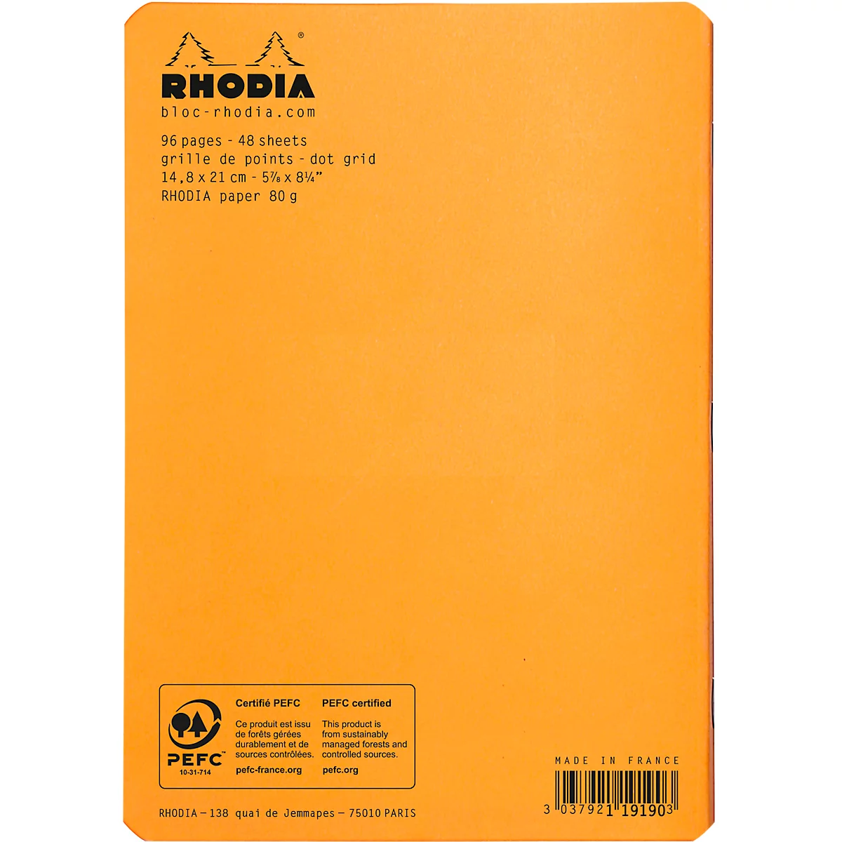 Cahier de notes Rhodia, 48 feuilles, DIN A5, 80g/m², certifié PEFC®, couverture souple, pointillés, orange