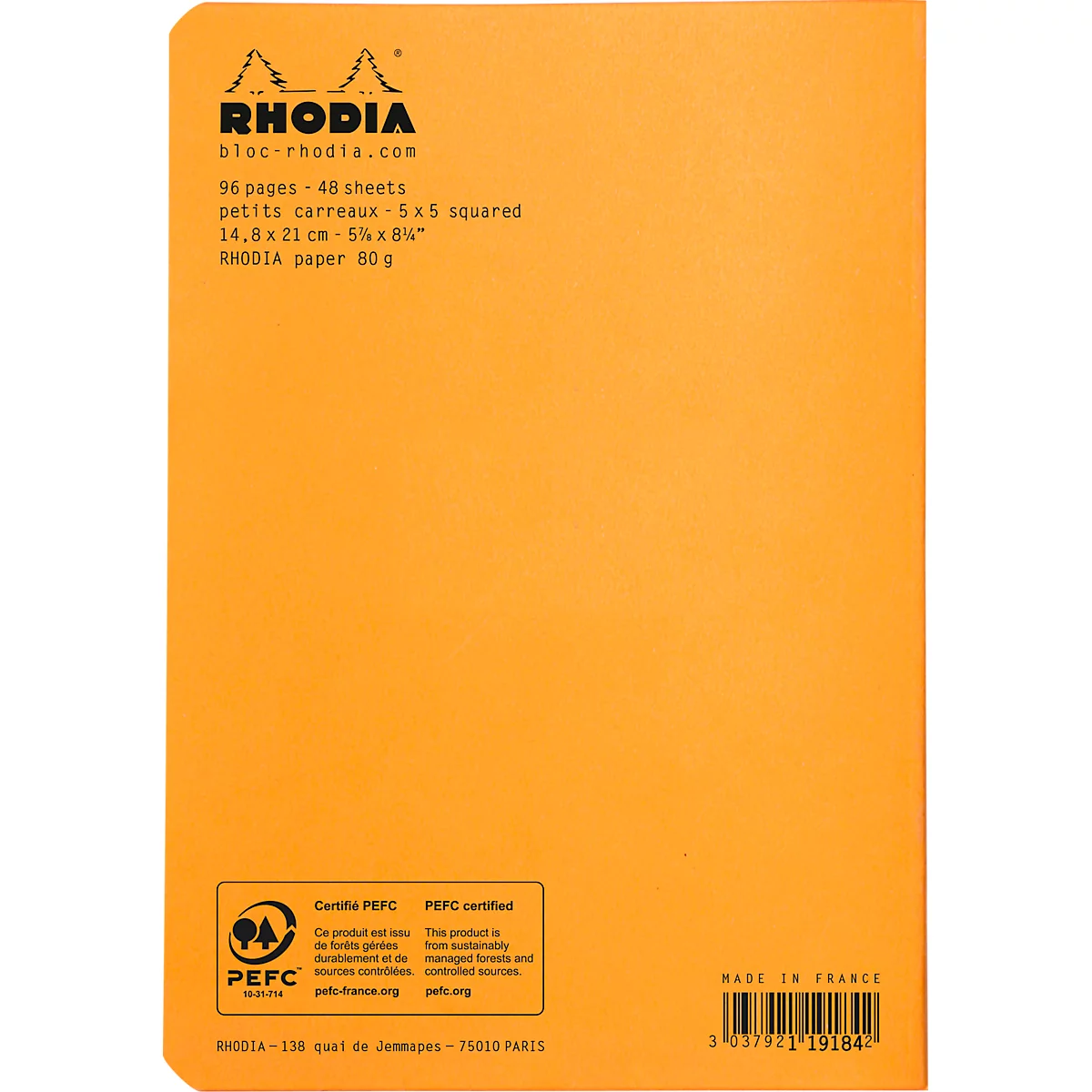 Cahier de notes Rhodia, 48 feuilles, DIN A5, 80g/m², certifié PEFC®, couverture souple, quadrillé, orange