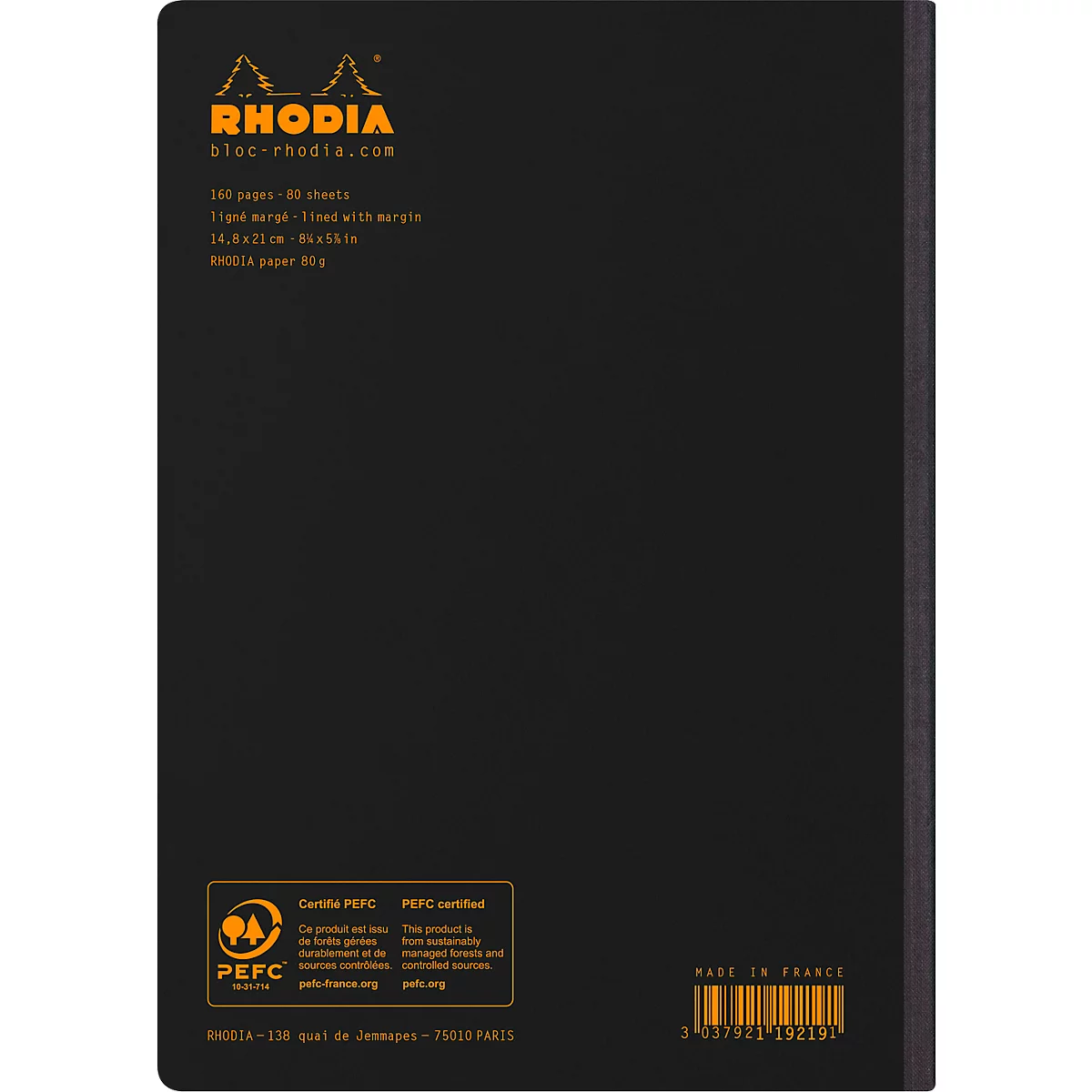 Cahier de notes Rhodia Composition Book, 80 feuilles, DIN A5, 80g/m², relié, ligné, avec marge, noir