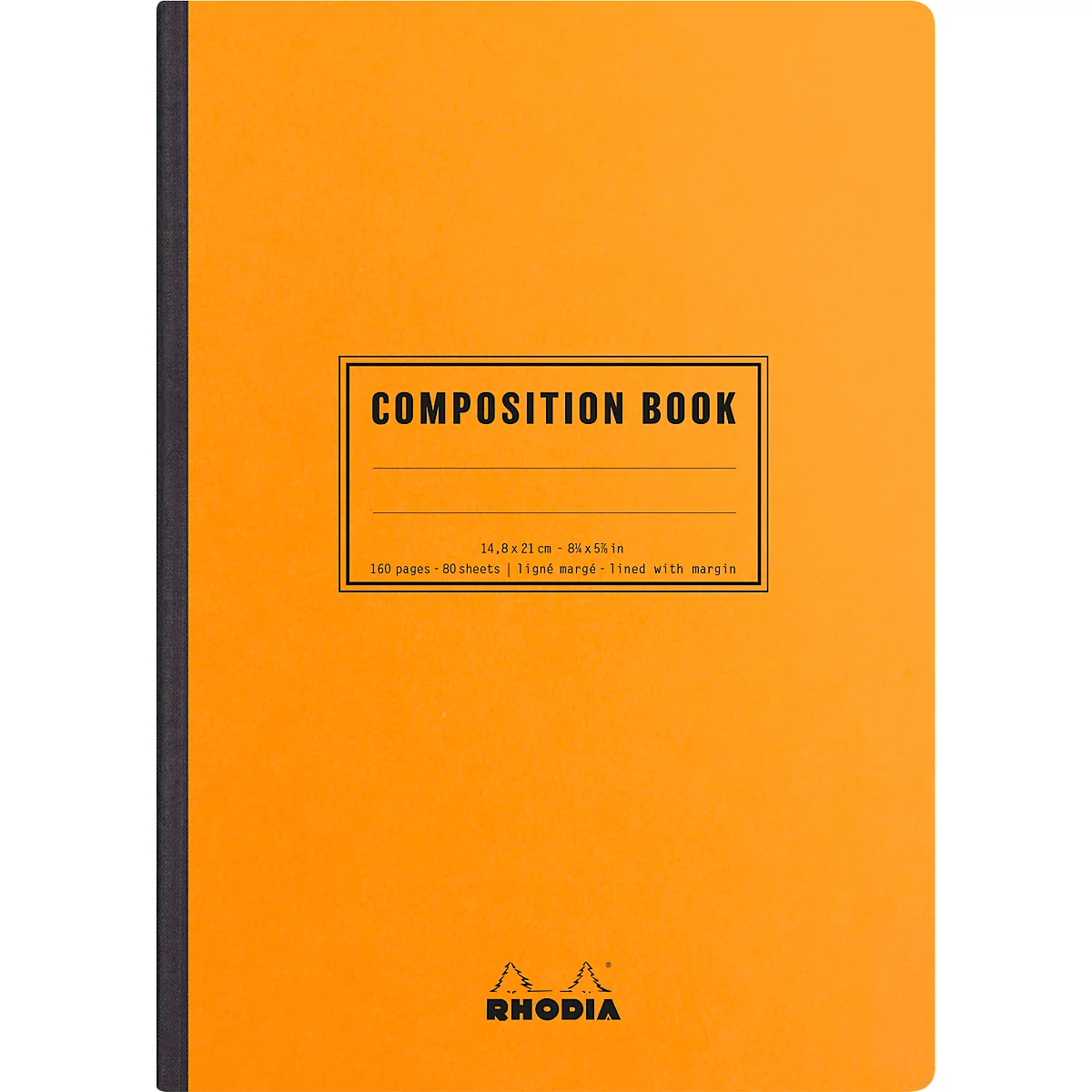 Cahier de notes Rhodia Composition Book, 80 feuilles, DIN A5, 80g/m², relié, ligné, avec marge, orange