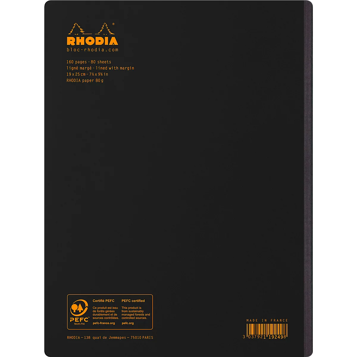 Cahier de notes Rhodia Composition Book, 80 feuilles, DIN B5, 80g/m², relié, ligné, avec marge, noir