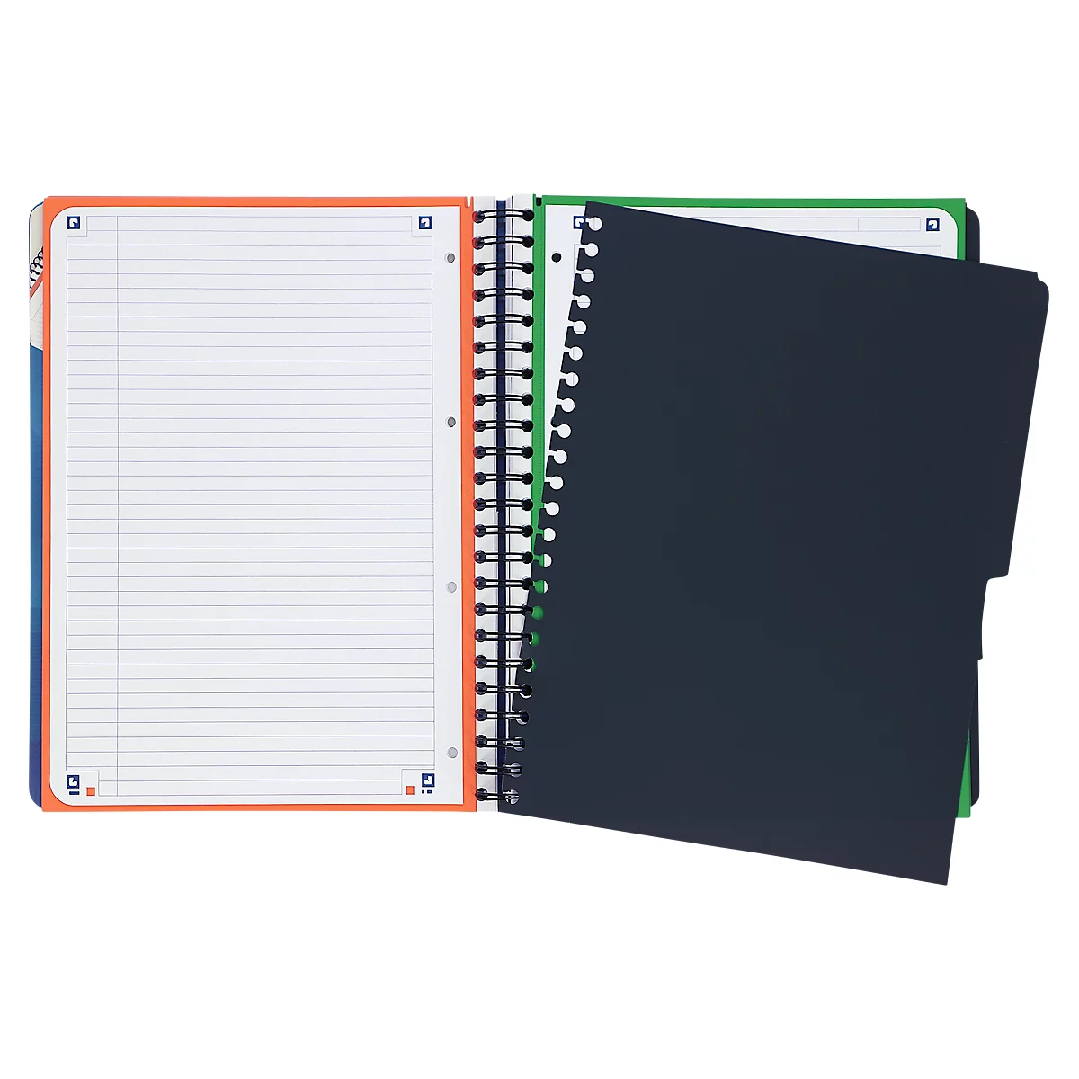 Cahier à spirale ouvert avec page lignée et page de dossier noire.