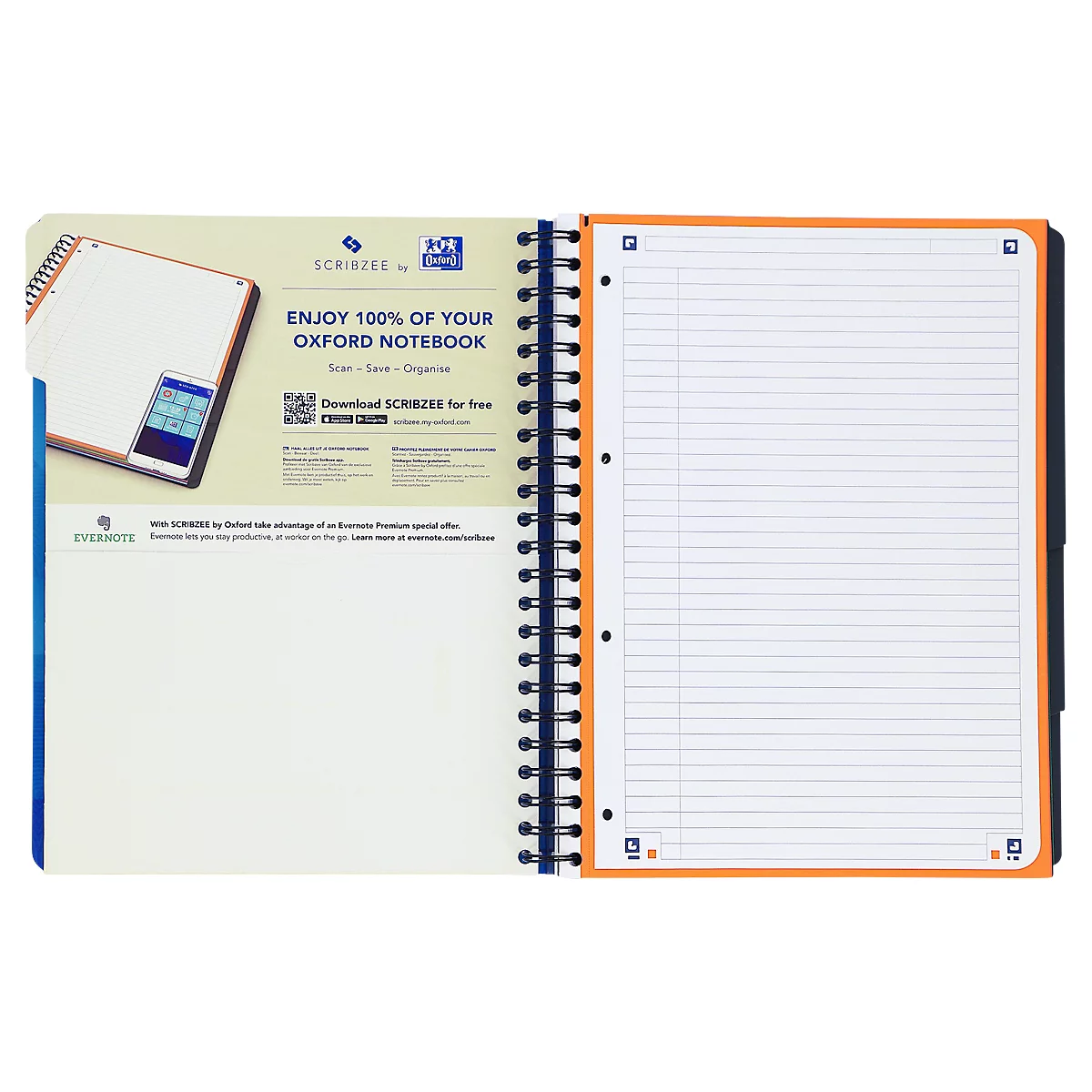 Cahier à spirale ouvert avec des pages lignées, une bordure orange et un fond bleu. Un smartphone est représenté sur le côté gauche.