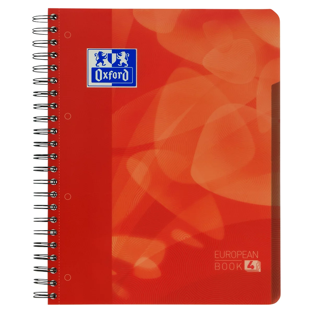 Cahier Oxford rouge avec spirale et logo. Fond orange, inscription : European Book 4.
