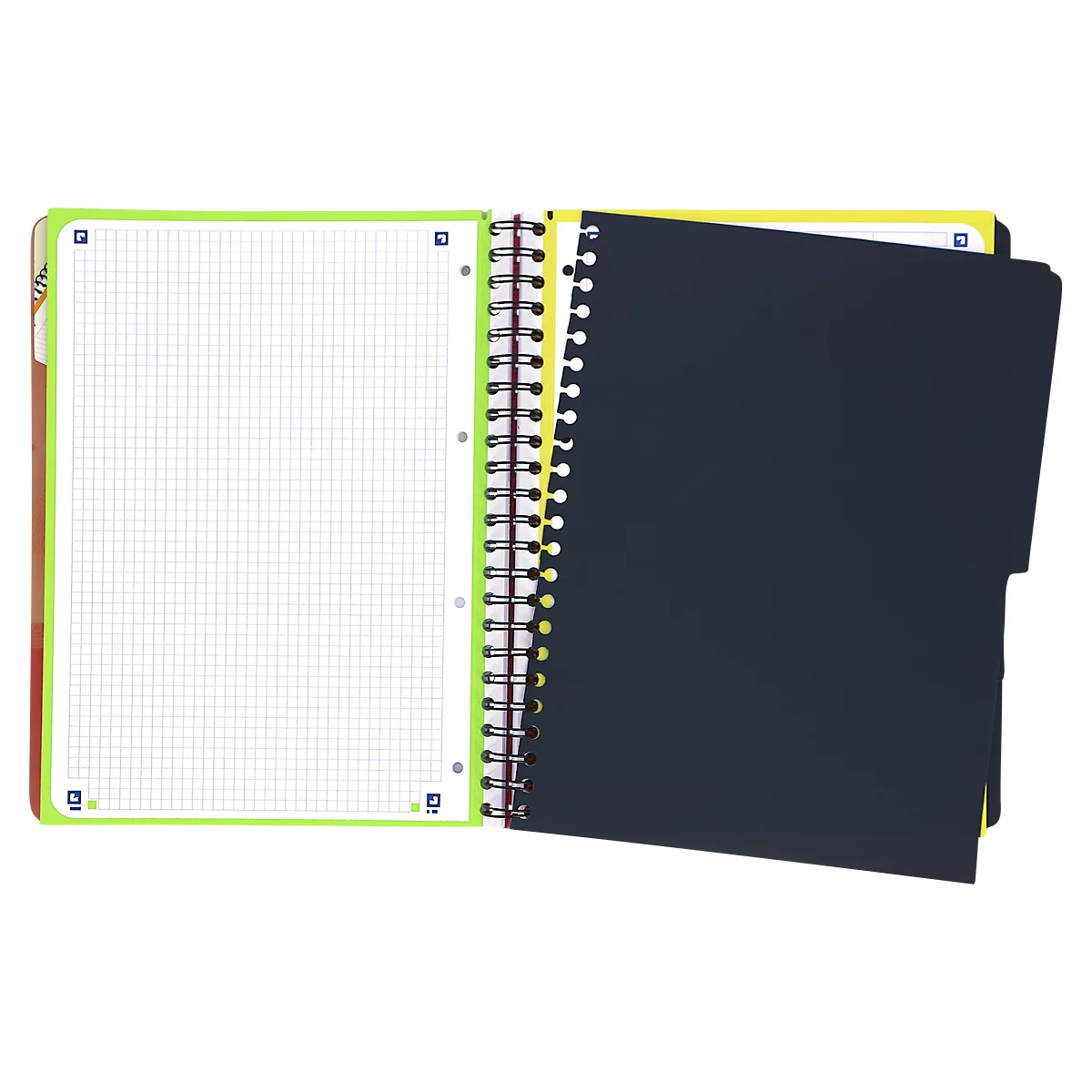 Cahier ouvert avec spirale, pages quadrillées, accents verts et jaunes, chemise noire.