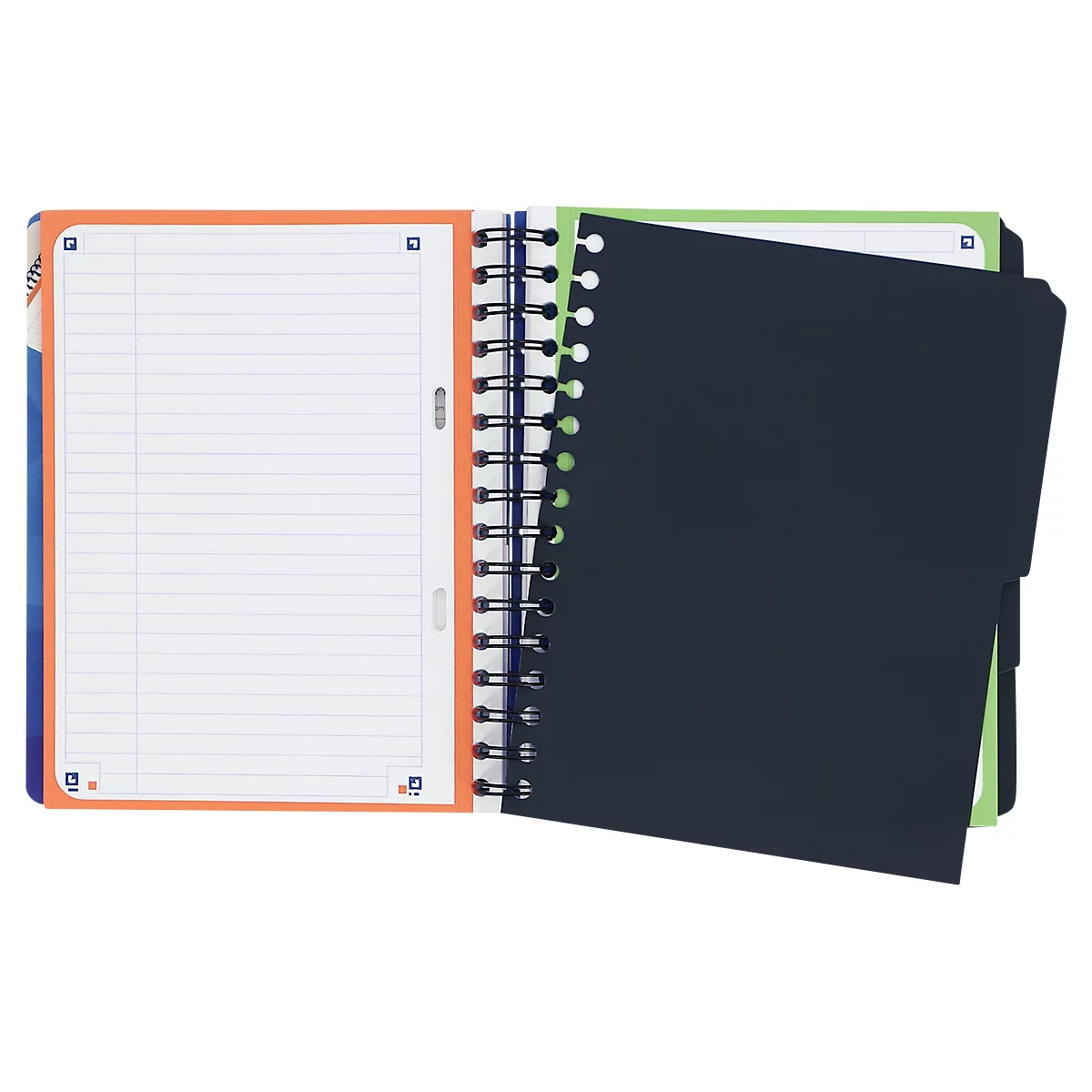 Un carnet à spirale ouvert. Papier ligné à gauche, le côté droit est fermé.
