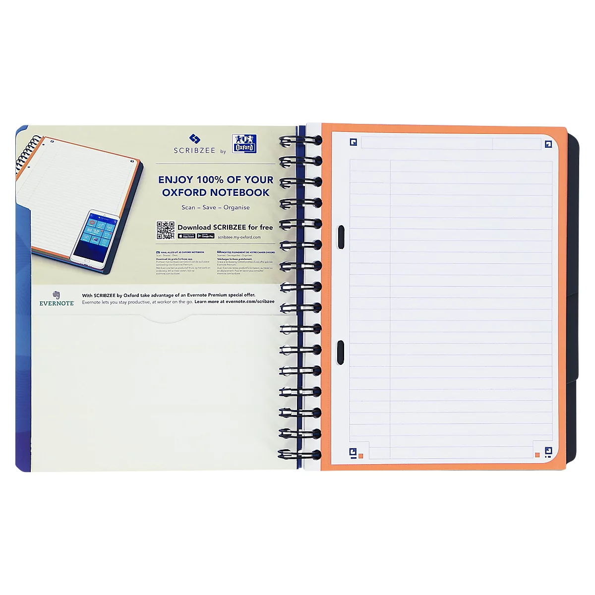 Cahier à spirales ouvert avec bord orange et pages lignées. Texte publicitaire à gauche avec code QR.