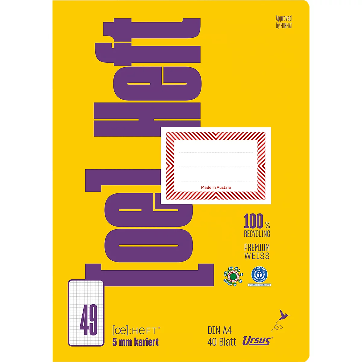 Cahier jaune avec lettrage violet 'Heft', champ d'adresse rouge et impressions.